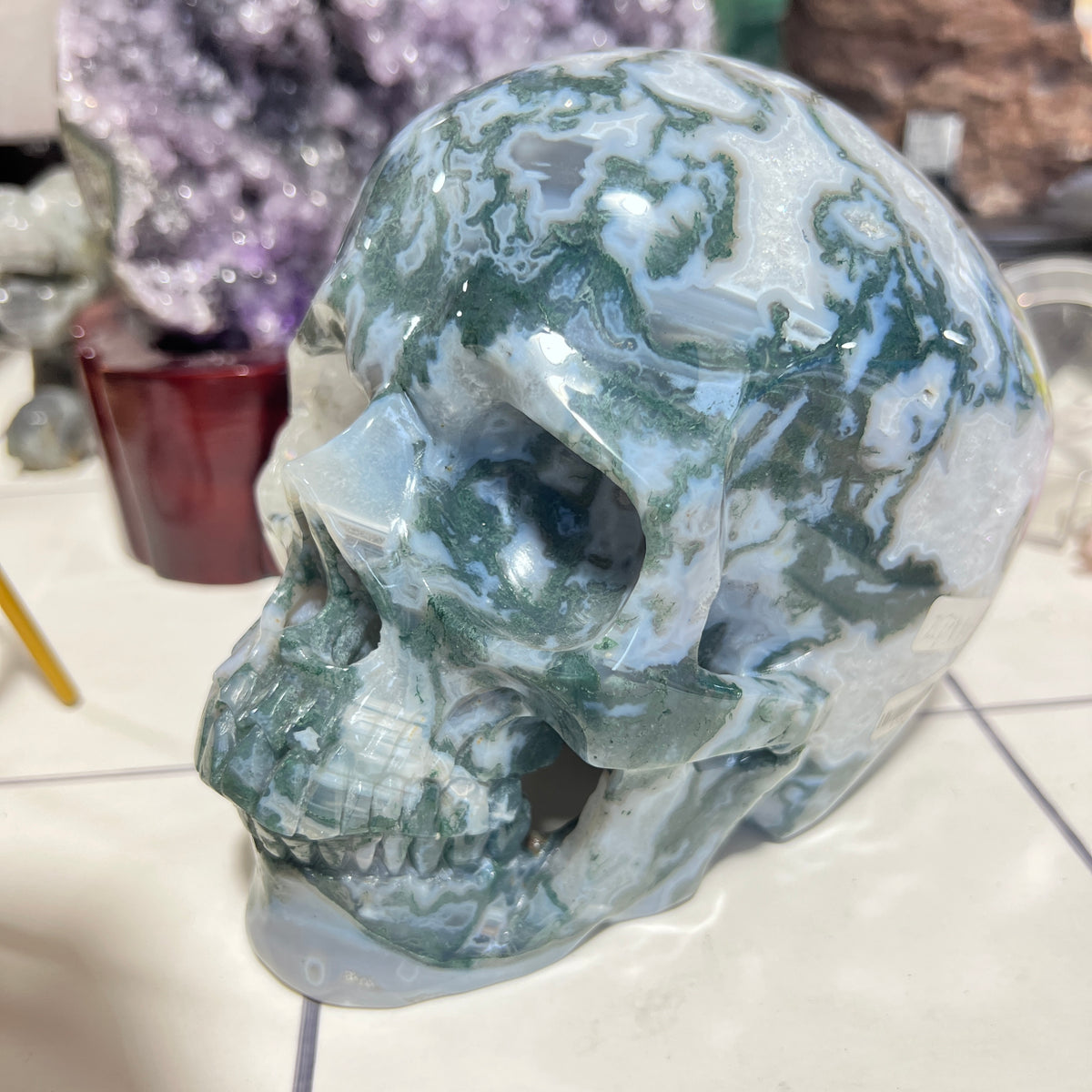 Moss Agate Skull Head